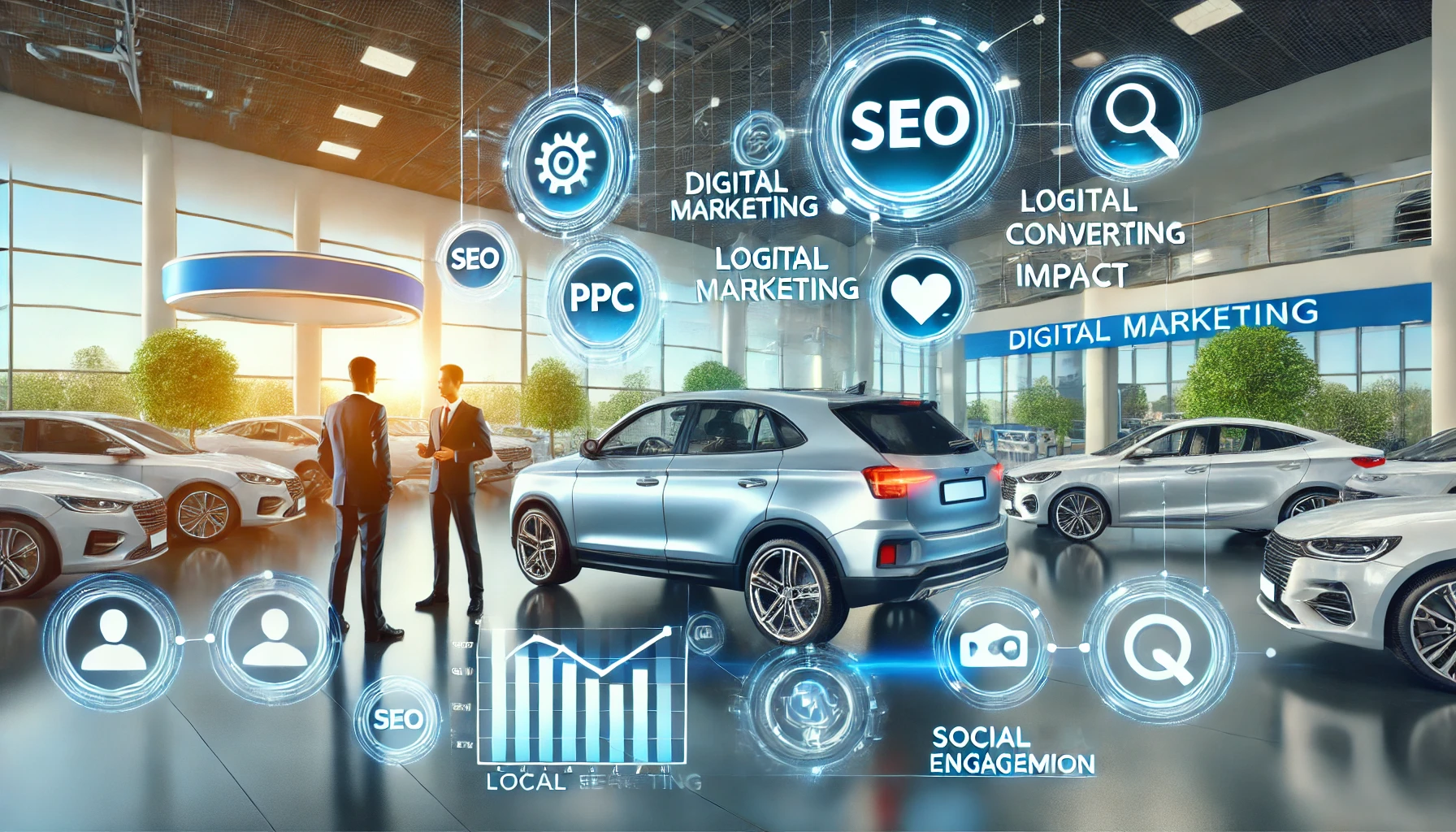 igital marketing-themed image in a modern automotive dealership showroom. Two business professionals stand beside a silver SUV, discussing strategies. Floating digital icons represent various marketing elements, including SEO, PPC, social engagement, local targeting, and conversion metrics. The background shows several cars, large windows, and a well-lit dealership interior, conveying a high-tech and professional environment.