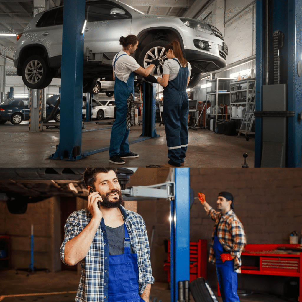 an image showcasing a sleek car workshop setting, with close-up shots of various automotive parts like high-performance tires, gleaming engine parts, and polished accessories on display. The background should be modern and industrial, with organized shelves and a tech-savvy mechanic analyzing a laptop screen displaying SEO data. Use dynamic lighting to emphasize the contrast between metallic parts and a digital screen, hinting at the blend of automotive expertise and SEO strategy