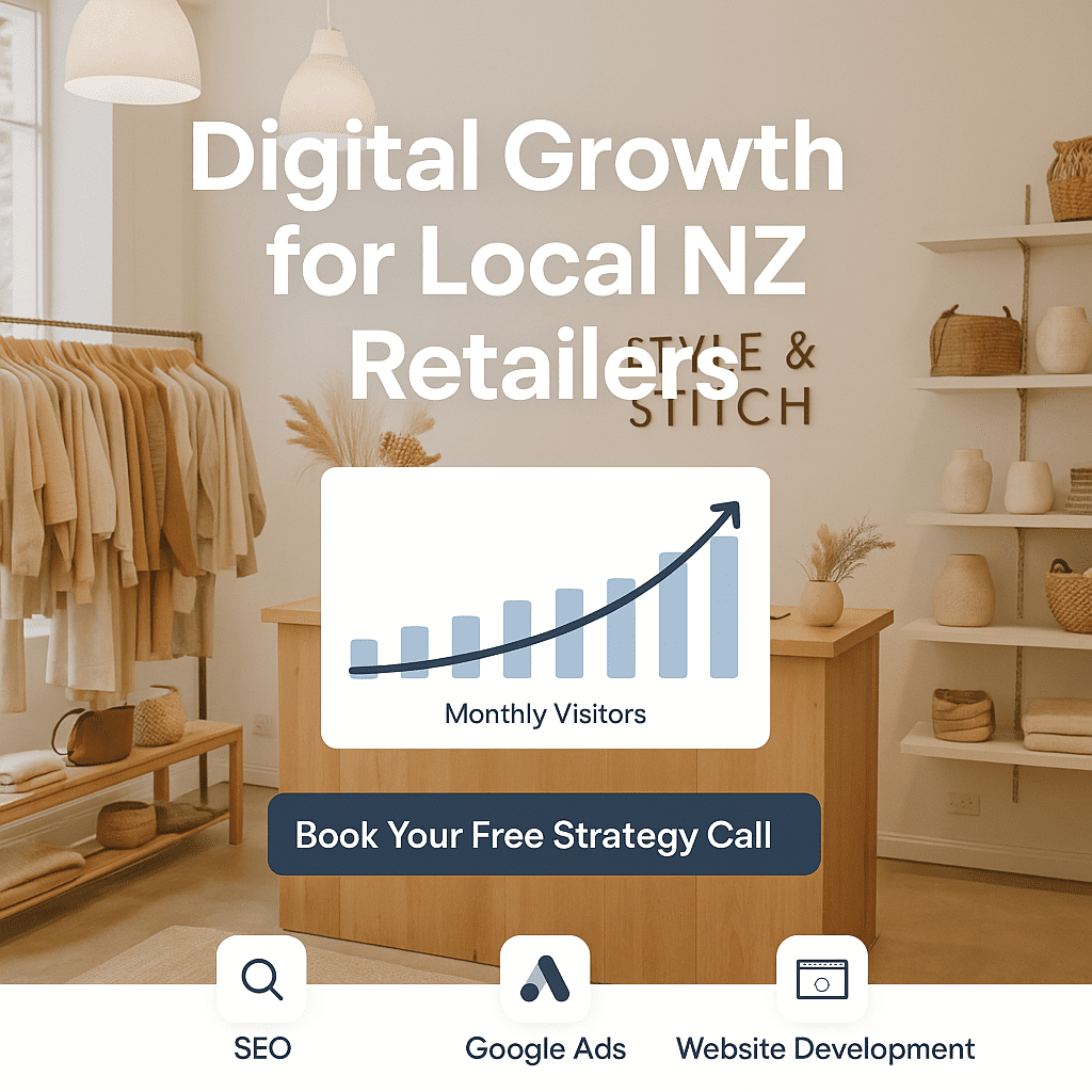 Digital growth services for local NZ retailers by We Digit Us – chart showing increasing monthly website visitors inside boutique sto